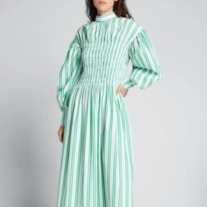 Ganni Balloon Sleeve Striped Cotton Dress with smocked middle